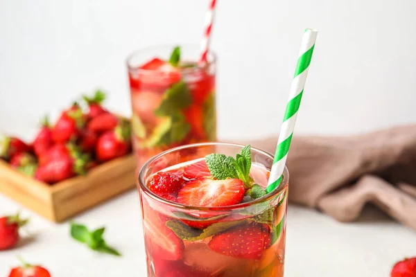 Glass Strawberry Lemonade Straw White Background Closeup — Stockfoto