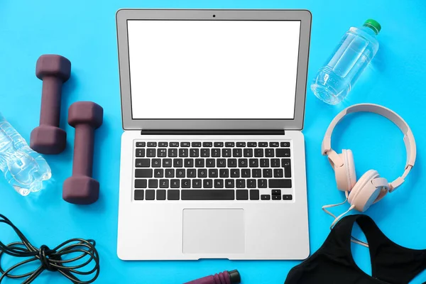 Composition Dumbbells Modern Laptop Headphones Bottle Water Color Background — Foto Stock