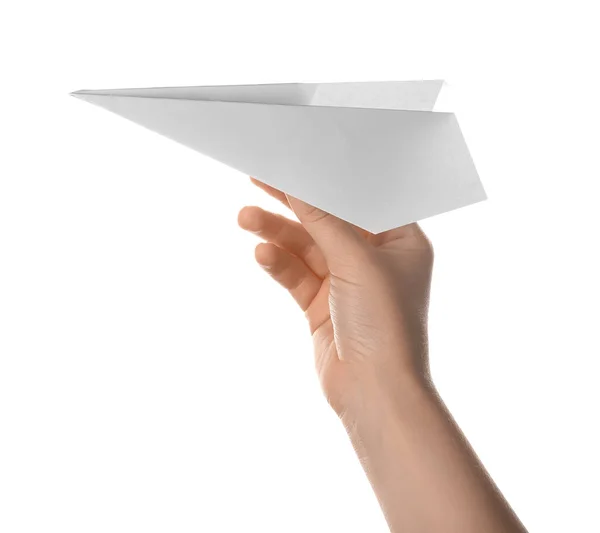 Woman Paper Plane White Background — Stock Photo, Image