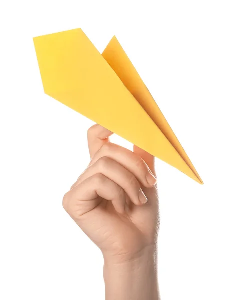 Woman Yellow Paper Plane White Background — Stock Photo, Image