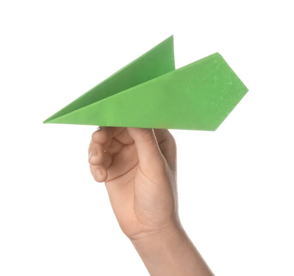 Woman Green Paper Plane White Background — Stock Photo, Image