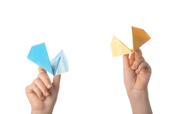 Woman Colorful Paper Planes White Background — Foto Stock