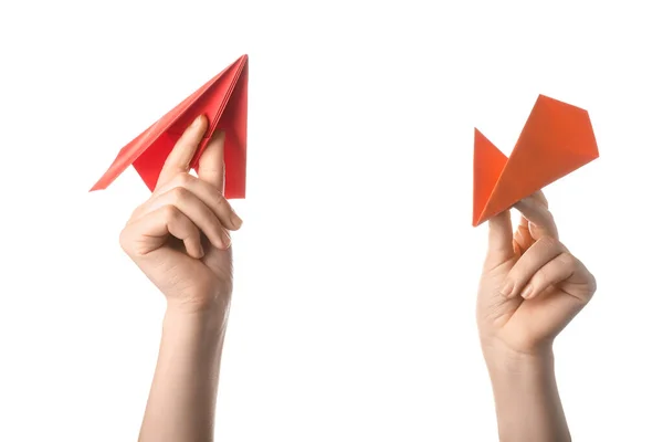 Woman Colorful Paper Planes White Background — Stock Photo, Image