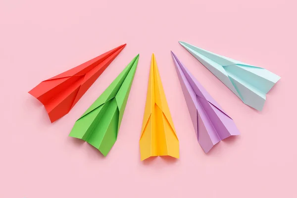 Colorful Paper Planes Pink Background — 图库照片