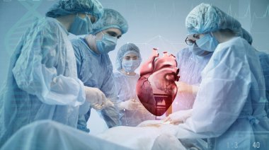 Surgeons using digital twin technology while operating patient in modern hospital