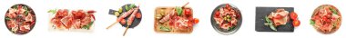 Set of delicious jamon slices on white background, top view