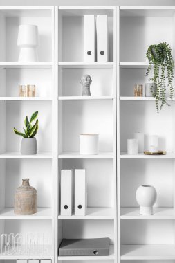 Işık duvarının yanında dizinleri ve dekorasyonu olan büyük raf ünitesi