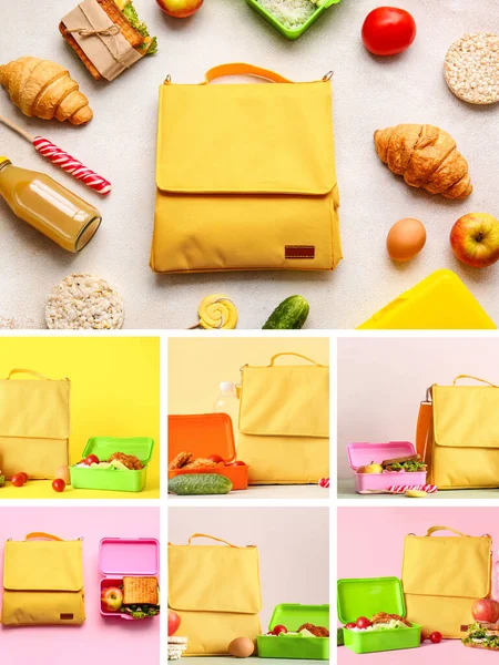 Collage with thermo bags and different lunch boxes