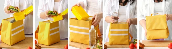 Collage Woman Putting Tasty Food Thermo Bag — Fotografia de Stock