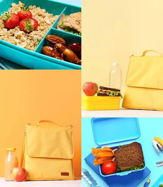 Collage with thermo bags and lunch boxes full of tasty food
