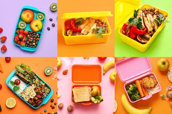 Collage Many Different Lunch Boxes Full Tasty Food — Stock Photo, Image