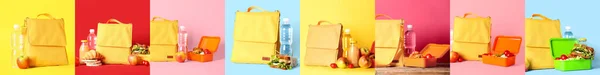 Collage Thermo Bags Different Lunch Boxes Full Tasty Food — Stockfoto