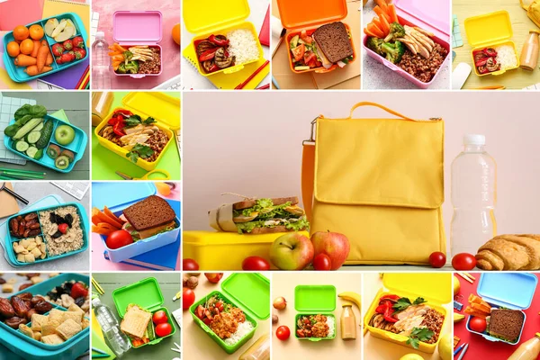 Collage Many Different Lunch Boxes Full Tasty Food — 图库照片