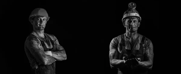 Black White Banner Miner Men Dark Background — Fotografia de Stock