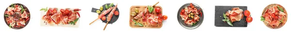 Set Delicious Jamon Slices White Background Top View — Stock Fotó