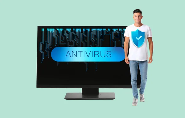 Man Icon Antivirus Big Computer Monitor Color Background — ストック写真