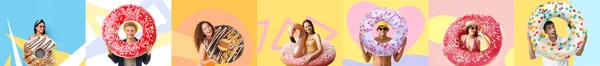 Set People Big Tasty Donuts Color Background — стоковое фото