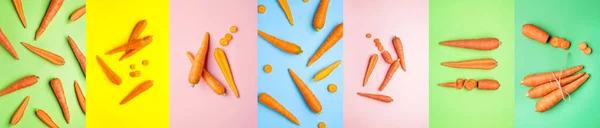 Set Fresh Carrots Color Background Top View — Stock fotografie