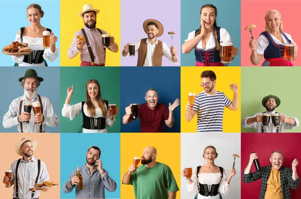 Octoberfest Collage Many People Drinking Beer Eating Snacks Color Background — Stockfoto