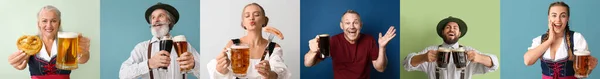 Octoberfest Collage Many People Drinking Beer Eating Snacks Color Background — 스톡 사진
