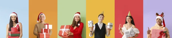 Group Different People Christmas Gifts Color Background — Stock Fotó