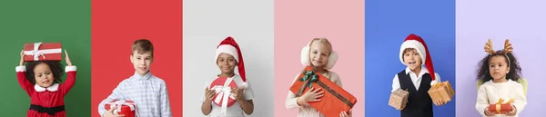 Set Different Little Children Christmas Gifts Color Background — Φωτογραφία Αρχείου