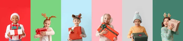 Renkli Arka Planda Noel Hediyeleri Olan Farklı Küçük Çocukların Kolajı — Stok fotoğraf
