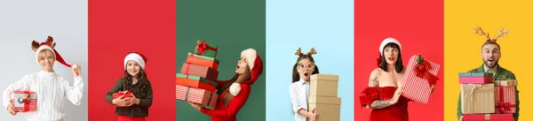 Collection of happy people with Christmas gifts on color background