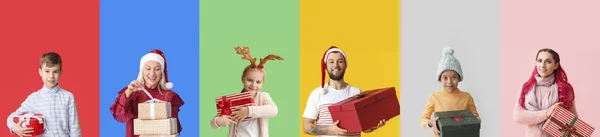 Collage Different People Christmas Gifts Color Background — Stockfoto