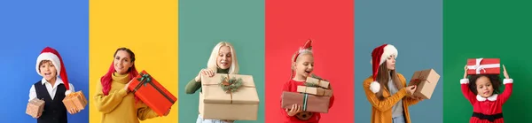 Group Happy People Christmas Gifts Color Background – stockfoto