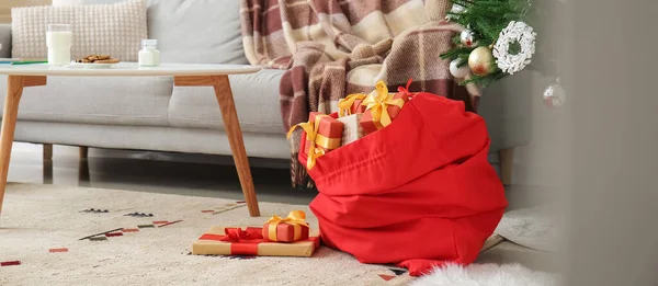 Red Santa Bag Christmas Gifts Living Room — Stockfoto