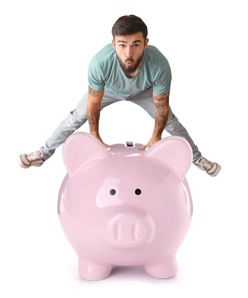 Cool Tattooed Young Man Big Piggy Bank White Background — Foto de Stock