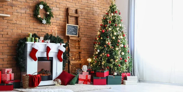 Cozy Fireplace Christmas Tree Gifts Brick Wall Room — Stockfoto