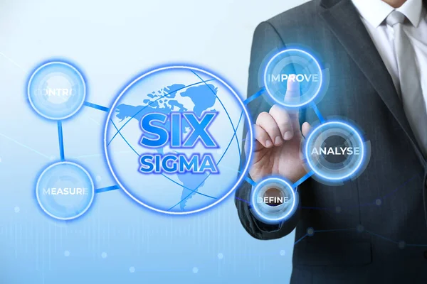Businessman using virtual screen on light blue background. 6 sigma concept