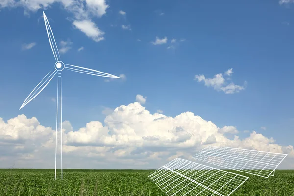 Drawn Solar Panels Windmill Field Summer Day Green Technology — Zdjęcie stockowe