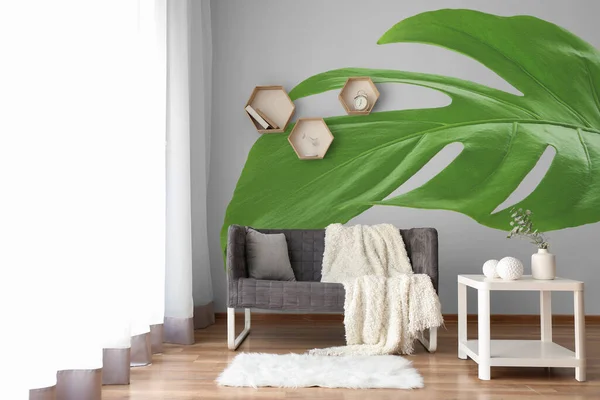 Interior Beautiful Light Living Room Print Monstera Leaves Wall — Photo