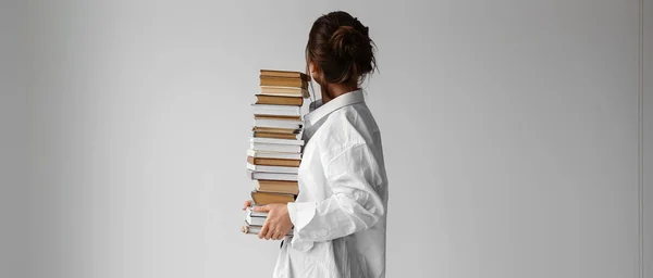 Woman Stack Books Grey Background — Fotografia de Stock