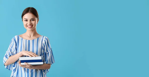 Beautiful Female Student Holding Books Light Blue Background Space Text — Stock Photo, Image
