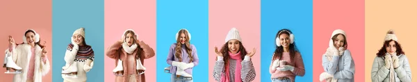Set Attractive Women Winter Clothes Color Background — Φωτογραφία Αρχείου