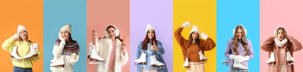 Set Van Mooie Vrouwen Met Schaatsen Kleur Achtergrond — Stockfoto