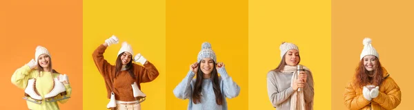 Set Pretty Young Women Winter Clothes Color Background — Stockfoto