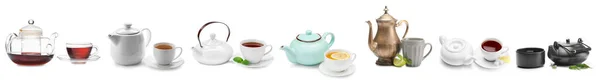 Set Different Teapots Cups Isolated White — Fotografia de Stock