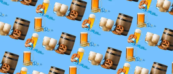 Pattern Fresh Beer Pretzels Blue Background Oktoberfest Celebration —  Fotos de Stock