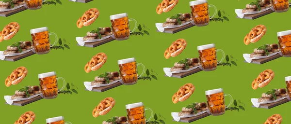 Many Mugs Fresh Beer Sausages Pretzels Green Background Oktoberfest Celebration — Stock Fotó