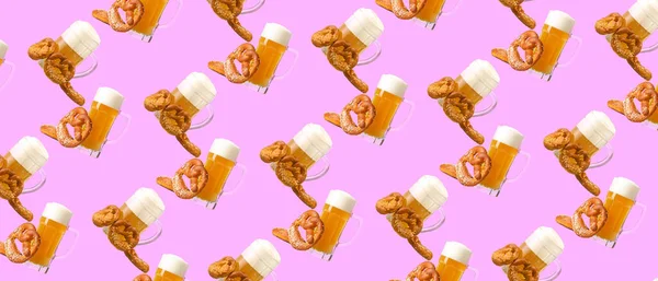 Many Mugs Fresh Beer Pretzels Pink Background Oktoberfest Celebration — Stockfoto