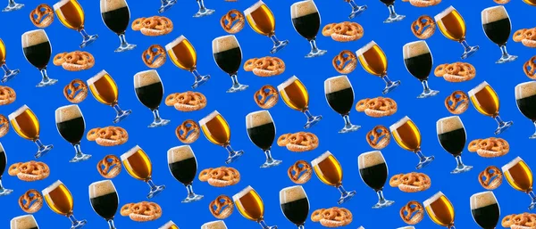 Many Glasses Fresh Beer Pretzels Blue Background Oktoberfest Celebration — Stock fotografie