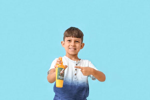 Little Boy Mosquito Repellent Color Background — Stock Photo, Image