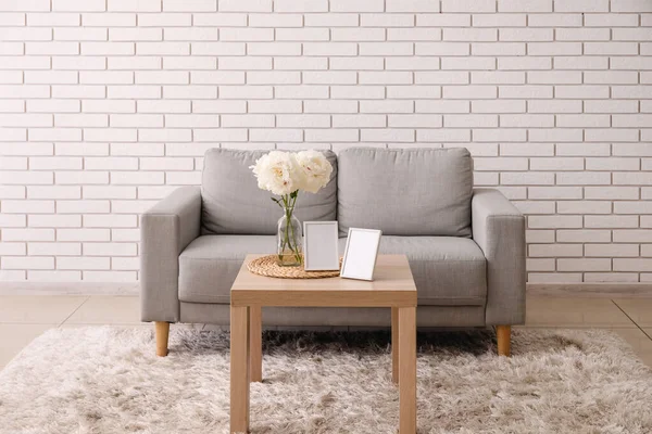 Comfortable Sofa Table Blank Photo Frames Living Room Interior — Fotografia de Stock