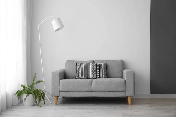 Interior Light Living Room Grey Sofa Standard Lamp Houseplant — Stock Photo, Image