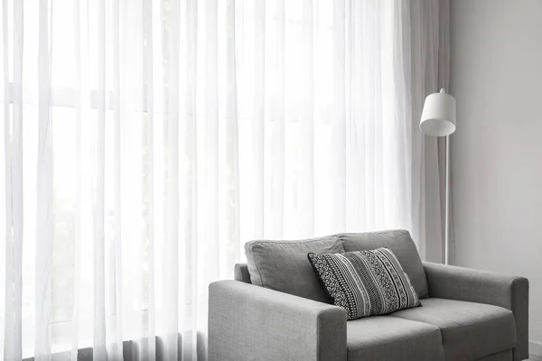 Interior Light Living Room Grey Sofa Standard Lamp Curtain — Foto de Stock